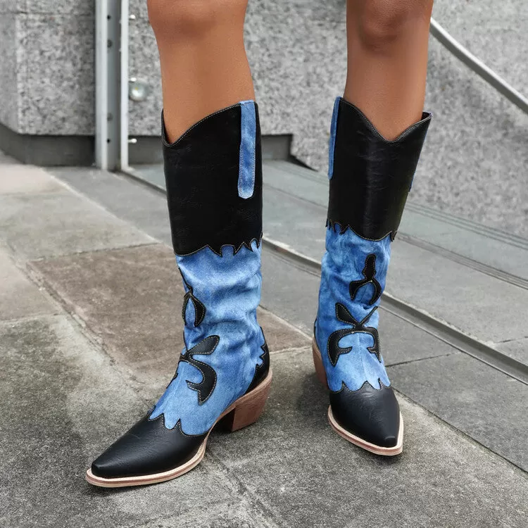 Women's Western Pointed Toe Tie-Dye Beveled Heel Mid-calf Boots