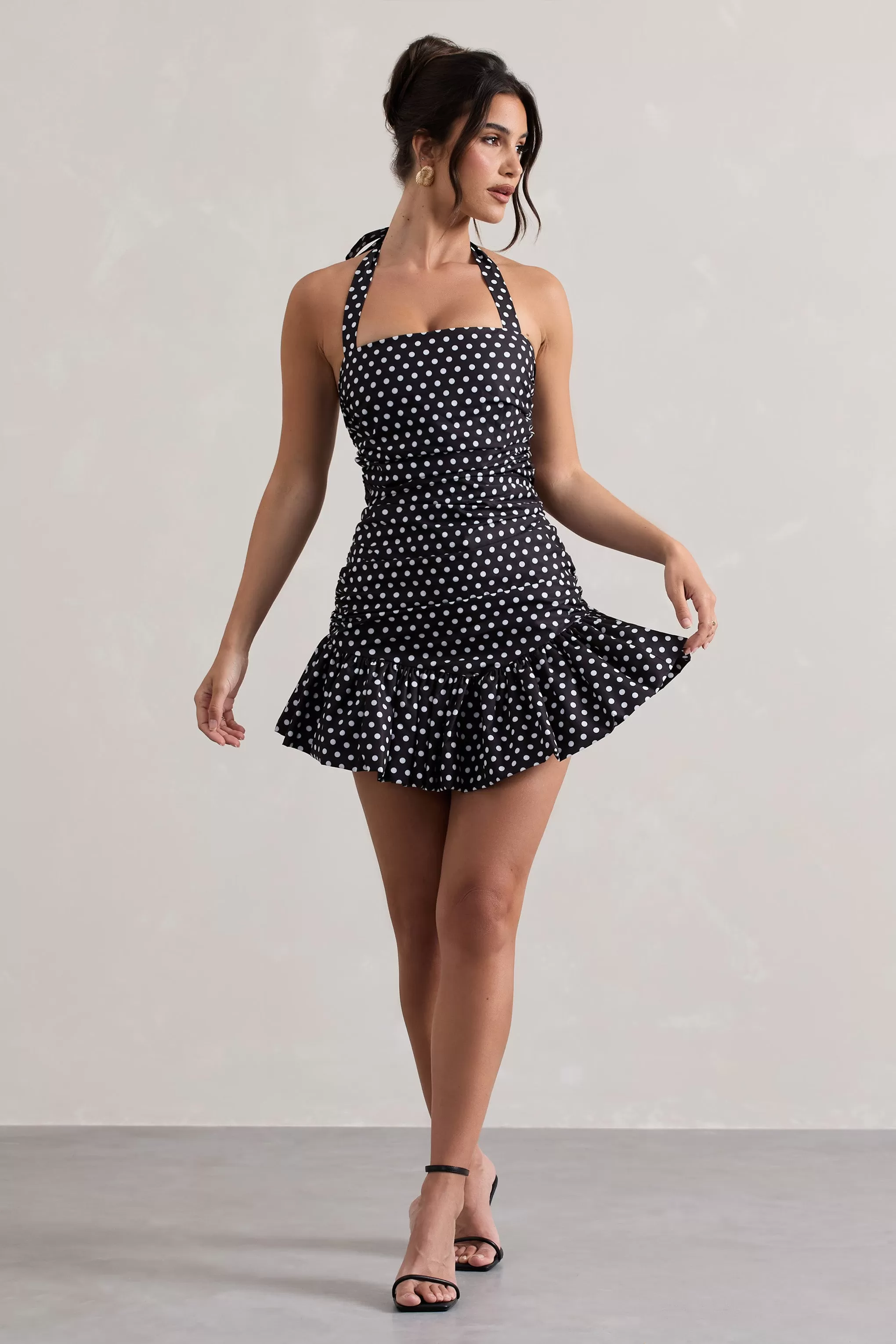 Zahra | Black & White Polka Dot Halter-Neck Ruched Mini Dress With Ruffle Hem